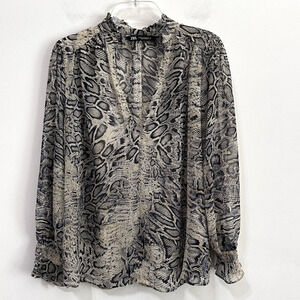 Zara Snake Print Blouse XS Sheer Chiffon V Neck‎ Bling Cuff Button Work Sexy Top
